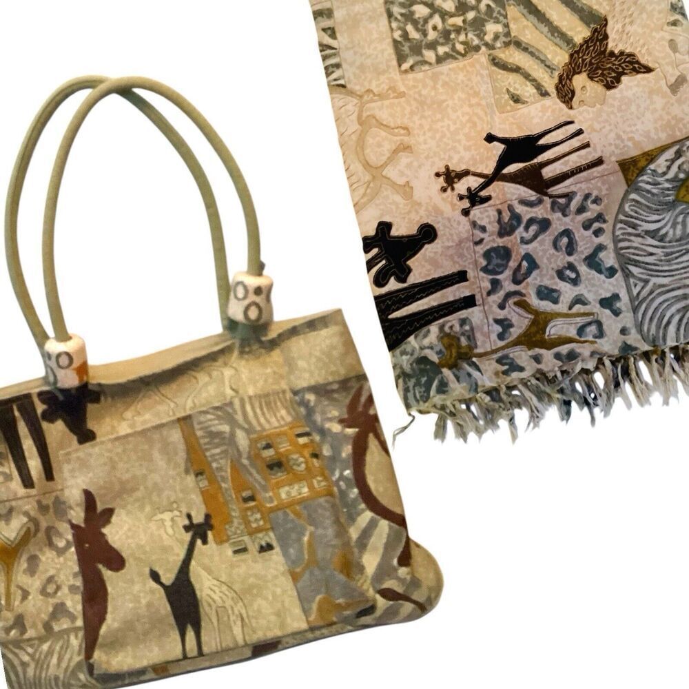 Sun & Sand Canvas Tote Bag & Scarf Shawl Set Giraffe Safari Motif Unique Print